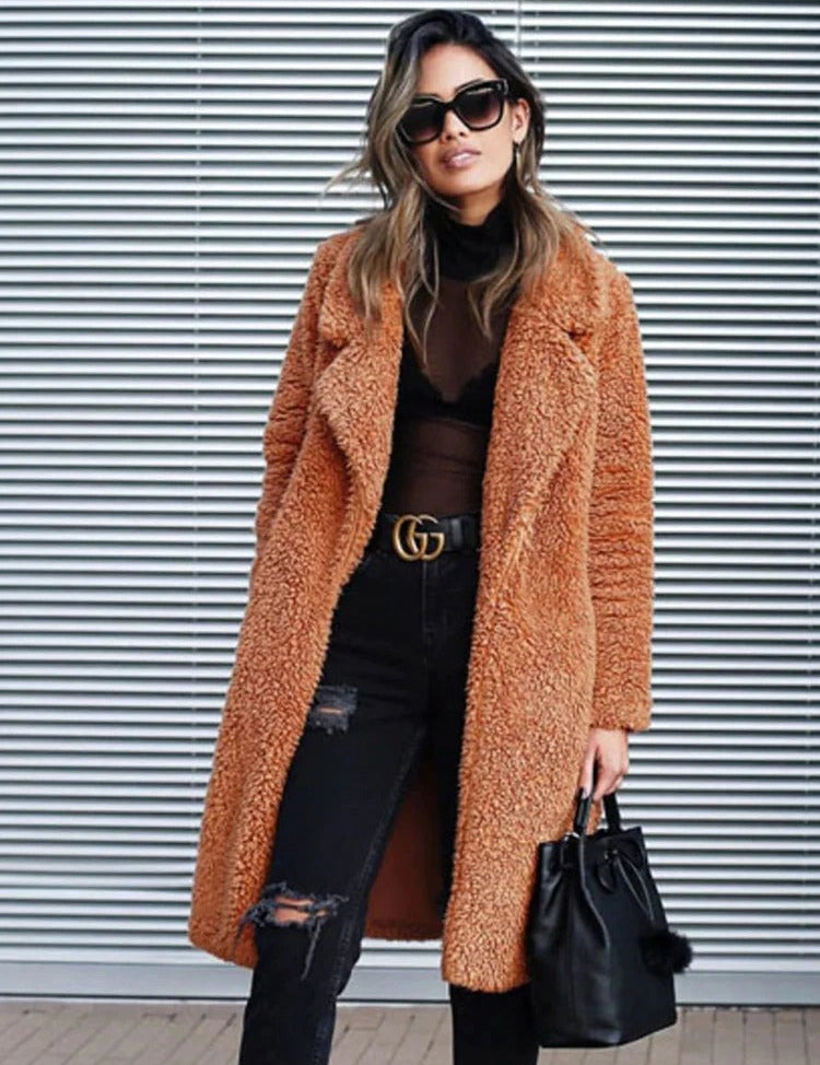 Mila Manteau Teddy Femme Long Oversize – Manteau d’Hiver Doux avec Col Revers Élégant