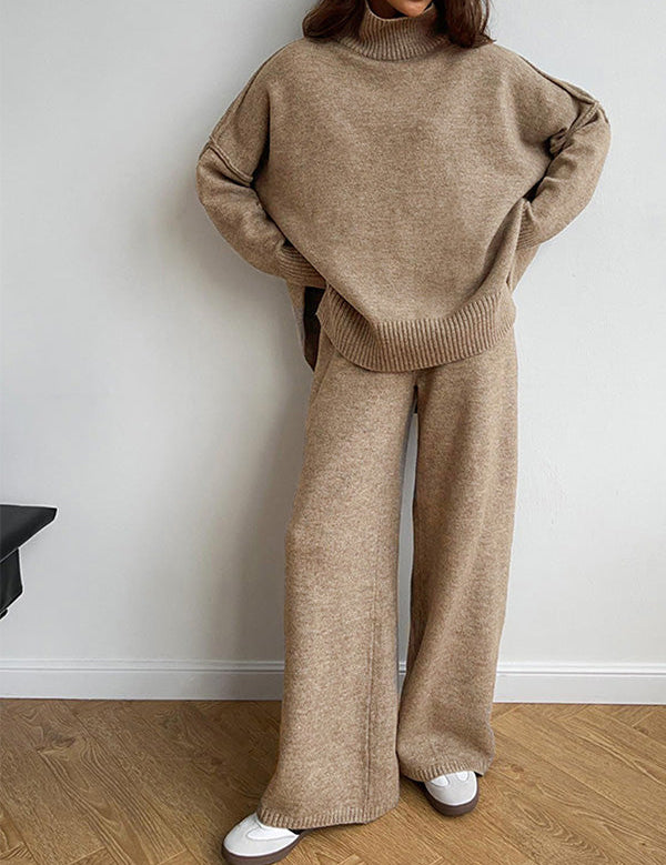 Aria Ensemble Loungewear Femme – Set Tricot Doux à Col Montant & Pantalon Large