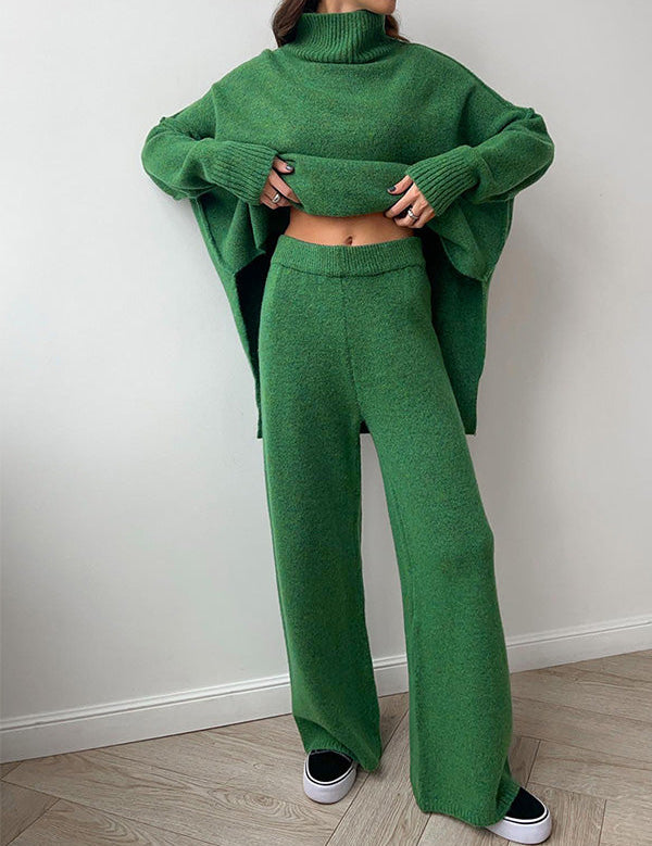 Aria Ensemble Loungewear Femme – Set Tricot Doux à Col Montant & Pantalon Large