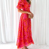 Dorothy Robe Classique Femme – Encolure en V & Manches Bouffantes en Rouge Rose Élégant