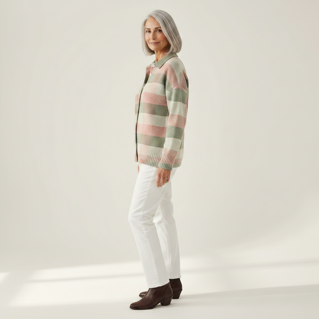 Colombe | Gilet en tricot à carreaux pastel - vue de profil