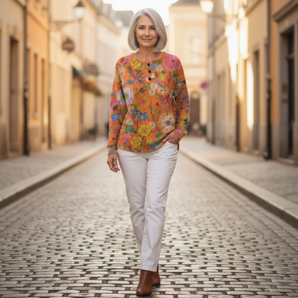 Faustine - Pull à motif floral coloré - porté en extérieur