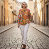 Faustine - Pull à motif floral coloré - porté en extérieur