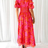 Dorothy Robe Classique Femme – Encolure en V & Manches Bouffantes en Rouge Rose Élégant