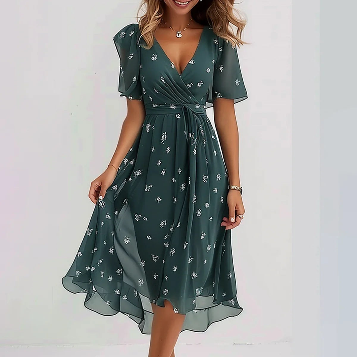 Emily Robe Midi Femme – Robe Légère en Chiffon avec Imprimé Fleuri, Décolleté en V & Taille Cintrée