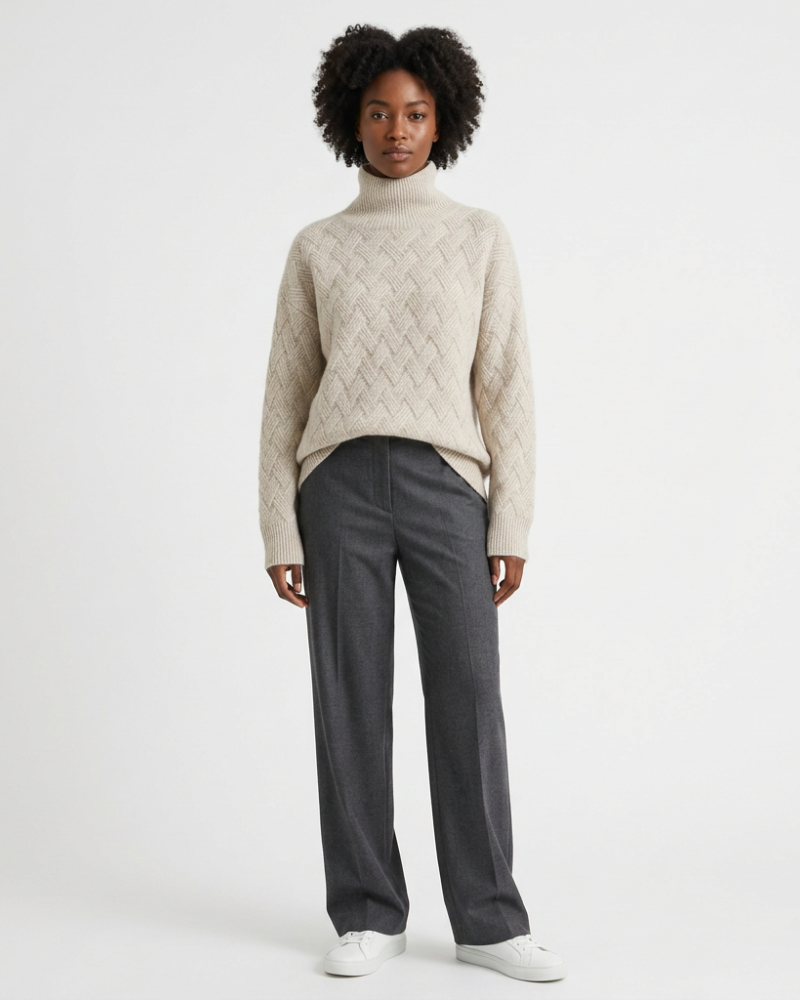 Alexandria Pull Femme Col Roulé Maille Torsadée – Coupe Ajustée, Manches Longues, Style Preppy