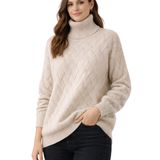 Alexandria Pull Femme Col Roulé Maille Torsadée – Coupe Ajustée, Manches Longues, Style Preppy