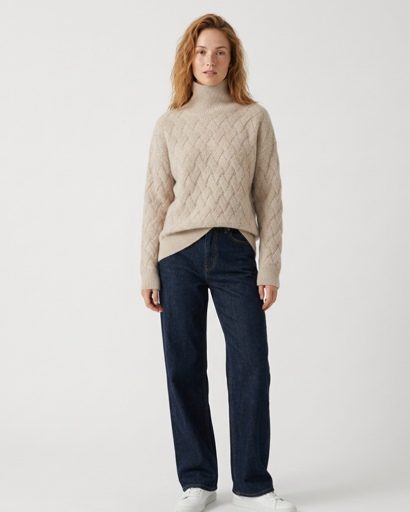 Alexandria Pull Femme Col Roulé Maille Torsadée – Coupe Ajustée, Manches Longues, Style Preppy