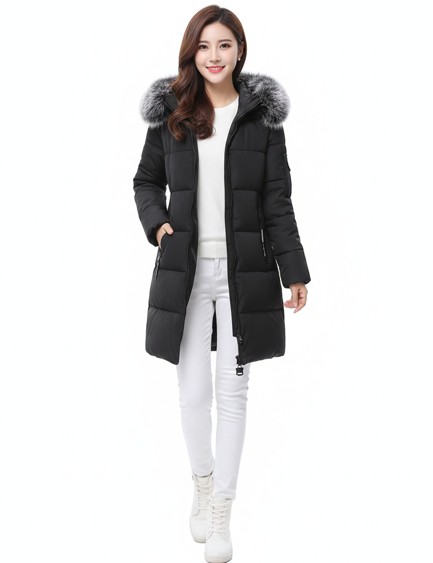 Andrea Doudoune Longue Femme – Design Matelassé, Capuche Fausse Fourrure & Style Urbain