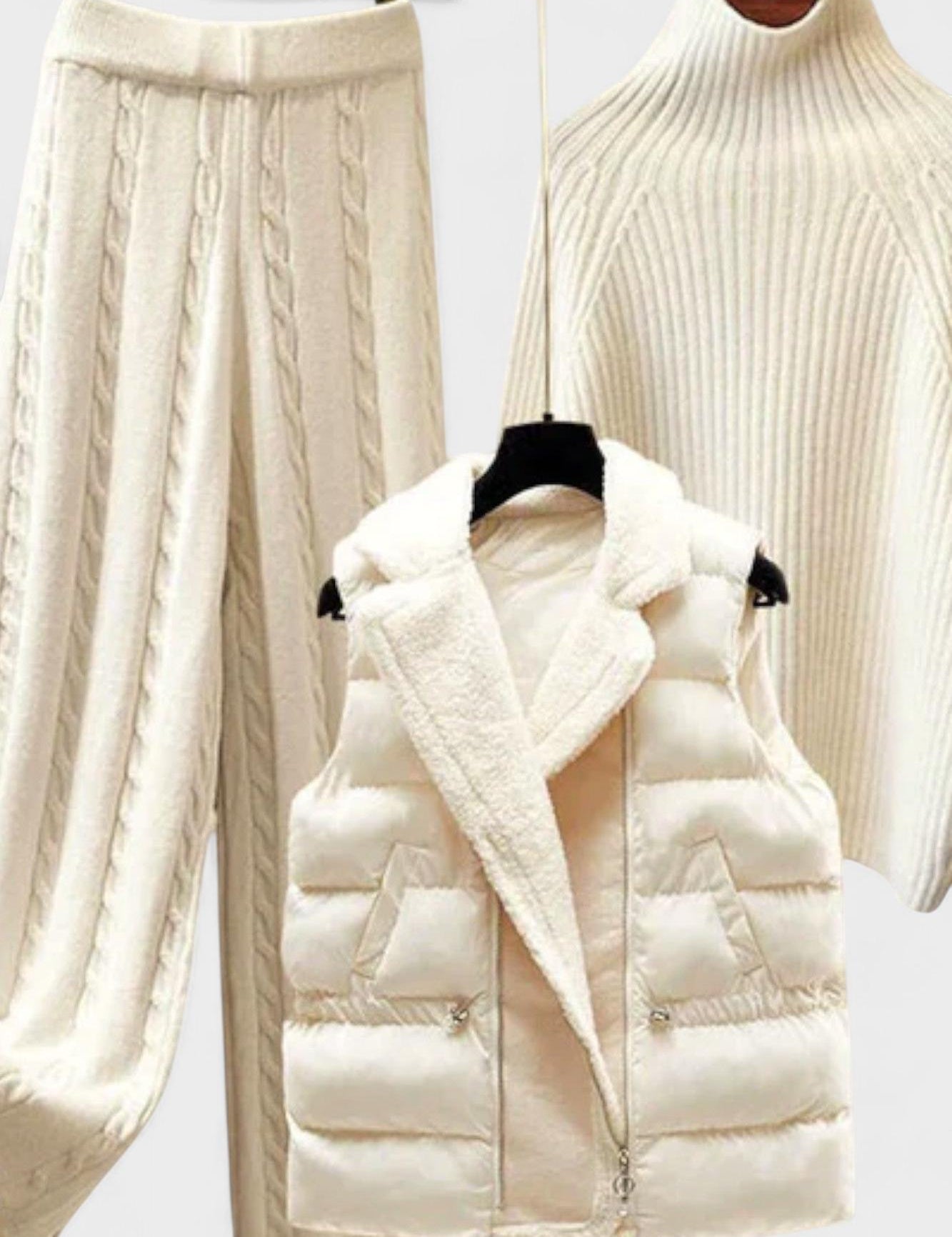 Léonie - Ensemble pull torsadé, gilet matelassé & pantalon