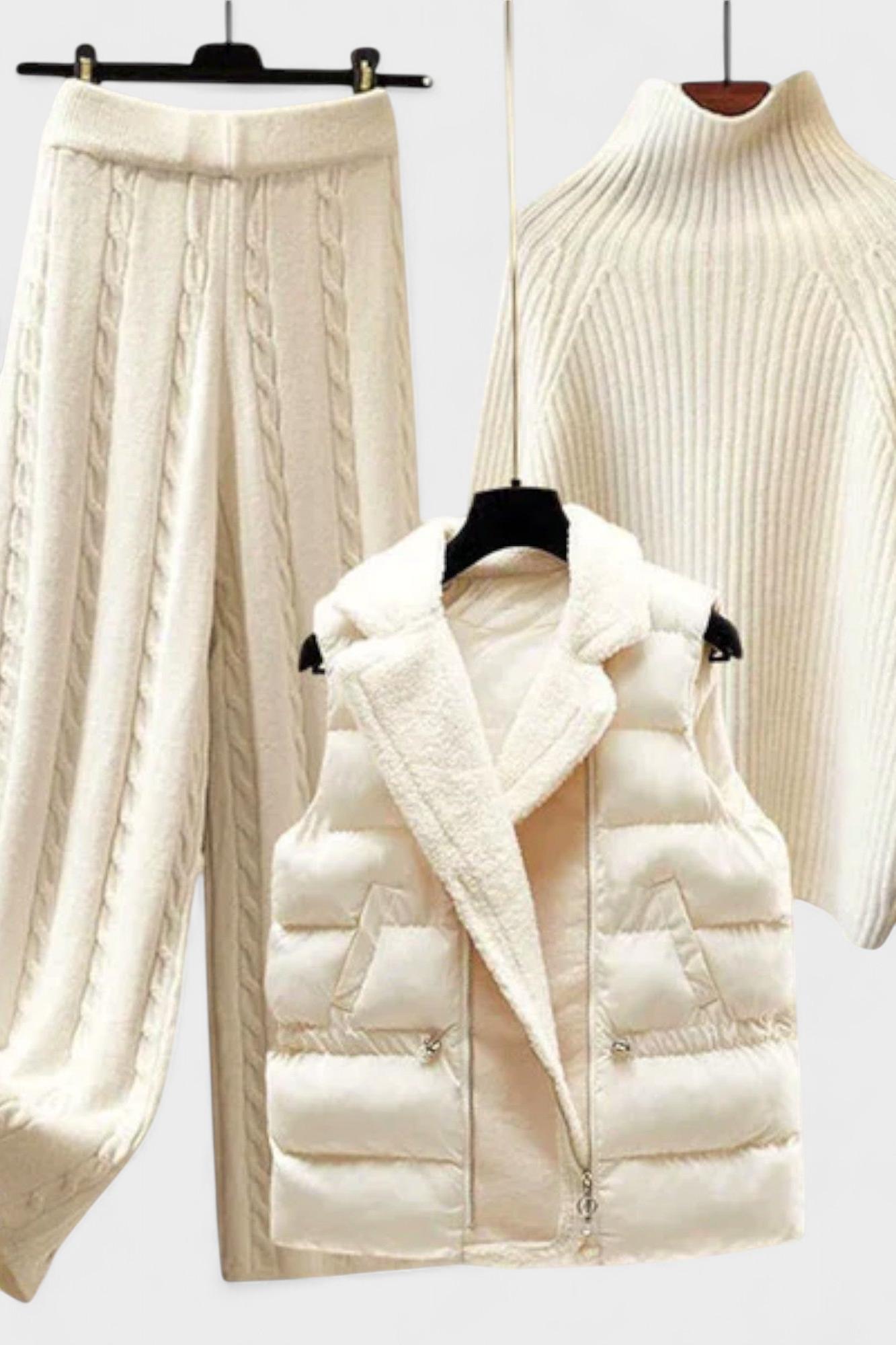 Léonie - Ensemble pull torsadé, gilet matelassé & pantalon