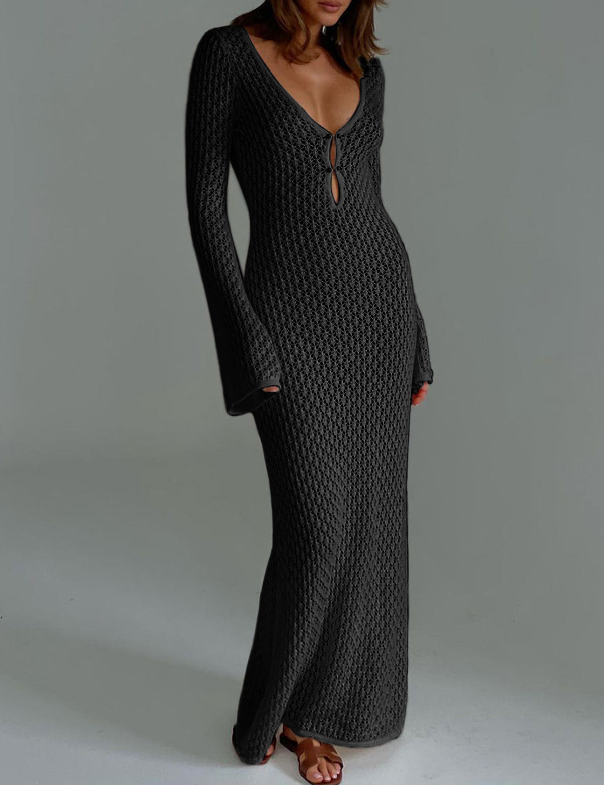 Robe de Plage Femme Callie – Maxi Cover-Up Légère avec Manches Longues & Dos Nu