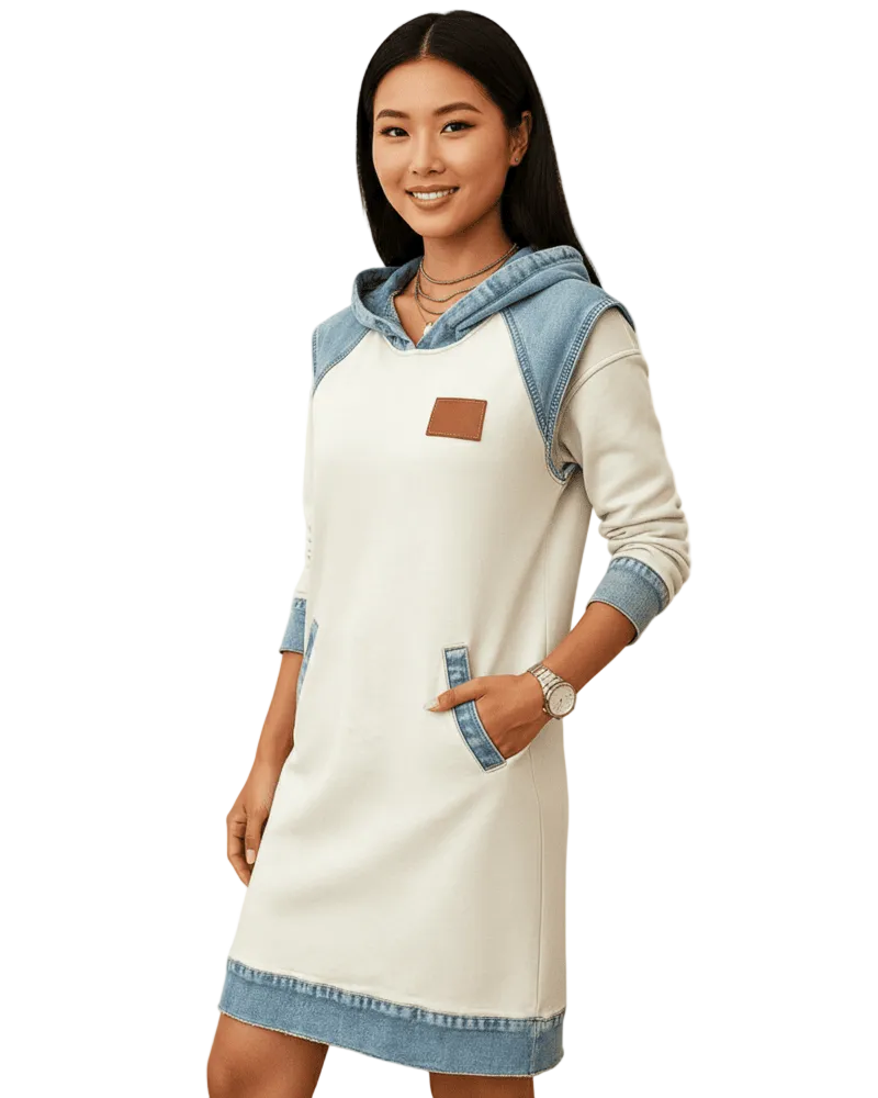 Beatrix Robe Sweat à Capuche Femme – Détails Denim, Coupe Confortable & Style Urbain