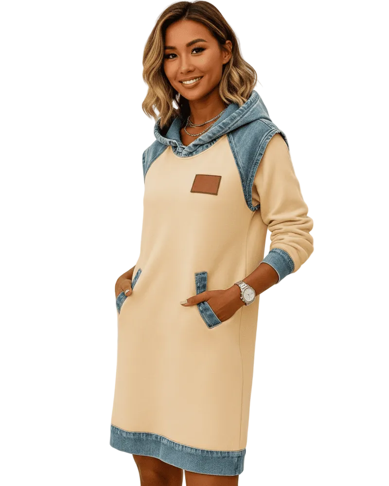 Beatrix Robe Sweat à Capuche Femme – Détails Denim, Coupe Confortable & Style Urbain