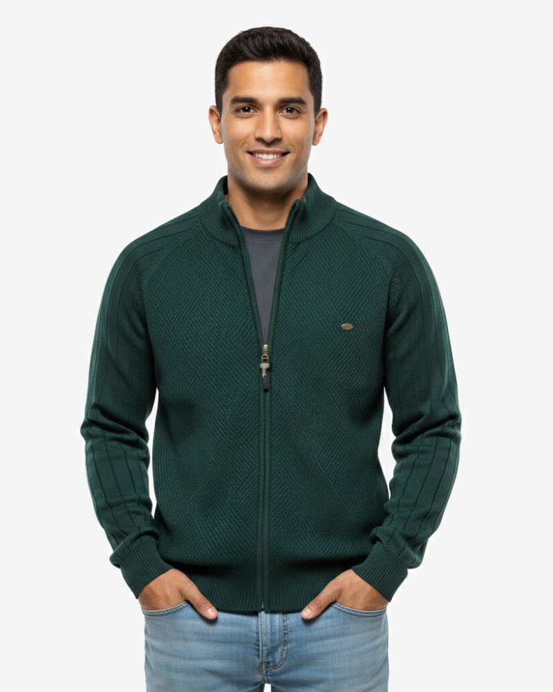 Bram Cardigan Zippé Homme en Coton – Maille Côtelée, Col Montant & Style Moderne