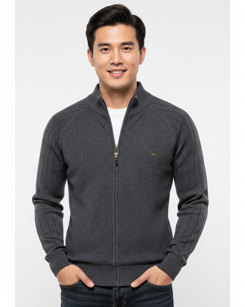 Bram Cardigan Zippé Homme en Coton – Maille Côtelée, Col Montant & Style Moderne