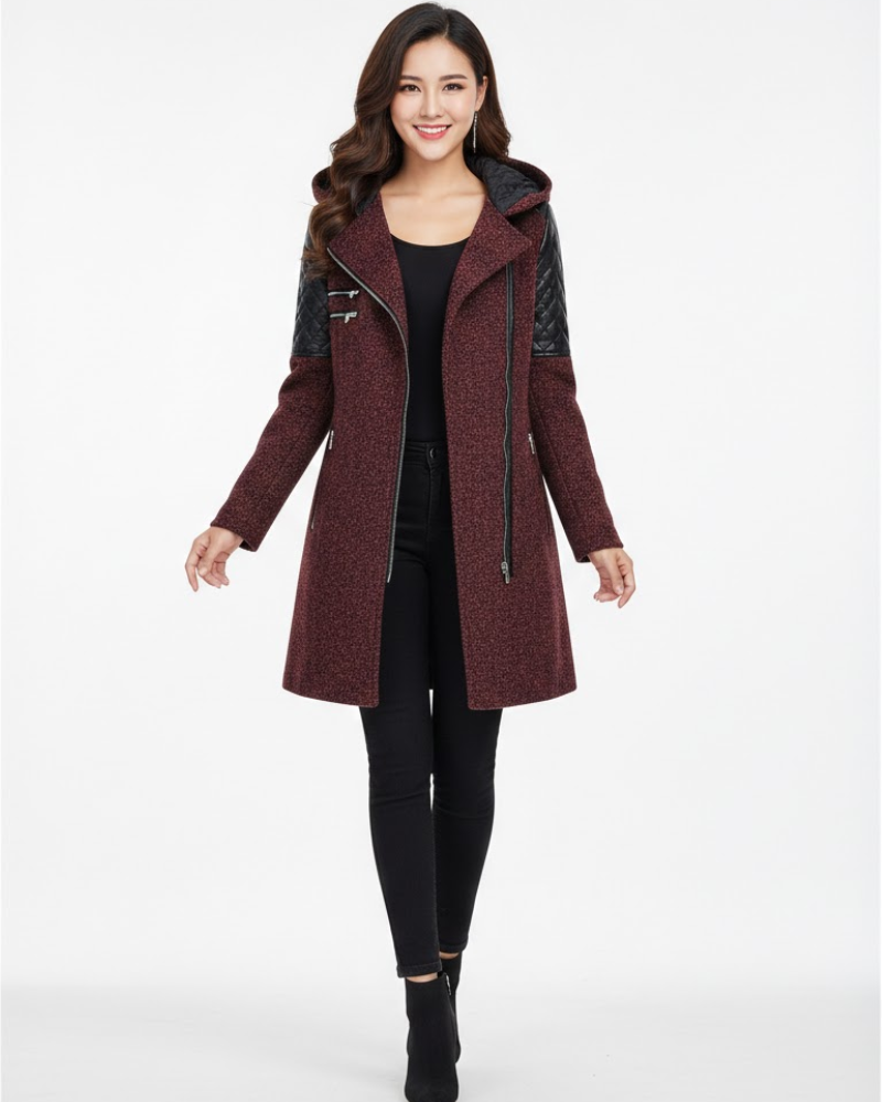 Breya Manteau Femme à Capuche – Style Tweed, Finitions Simili Cuir & Coupe Structurée