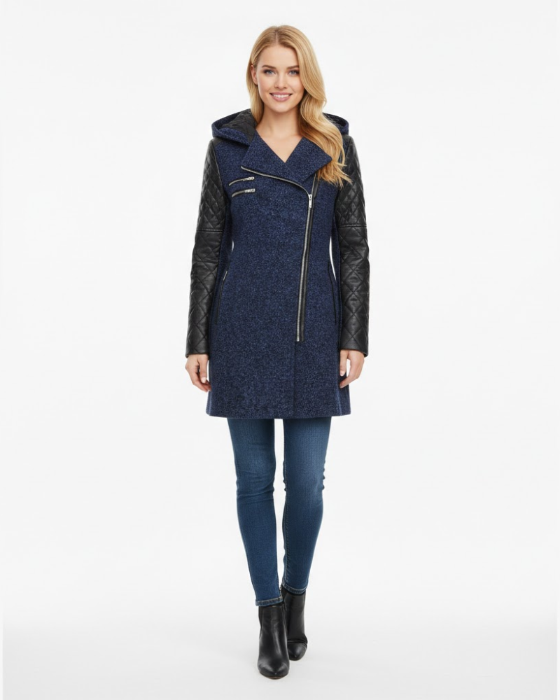 Breya Manteau Femme à Capuche – Style Tweed, Finitions Simili Cuir & Coupe Structurée