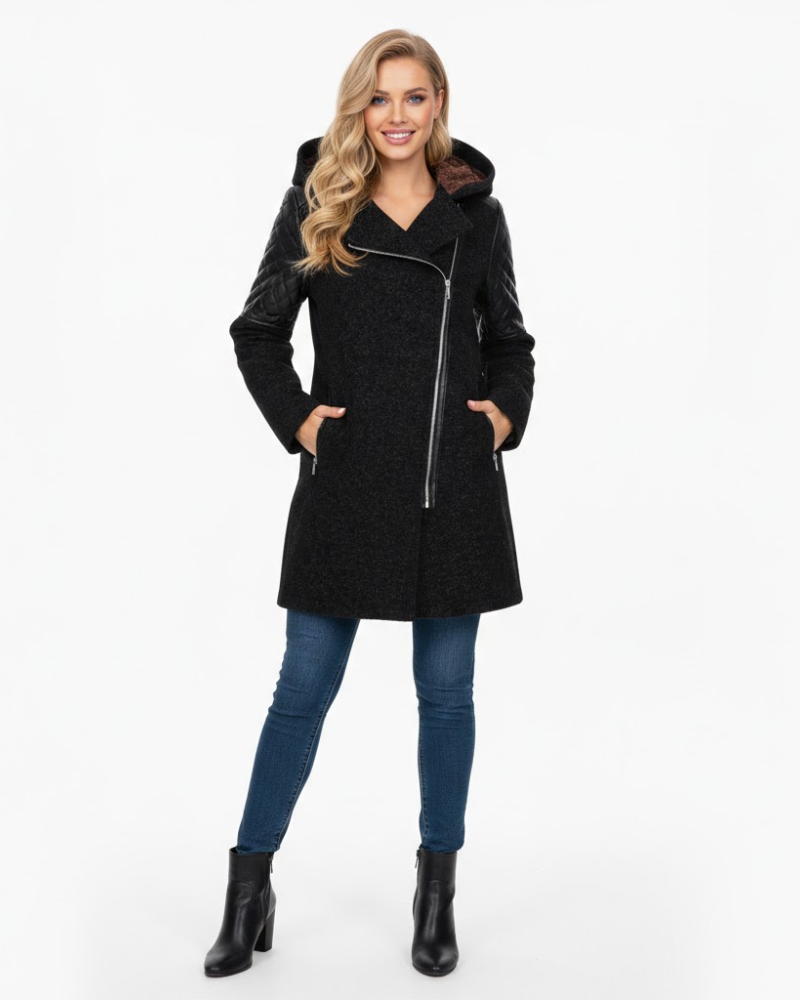 Breya Manteau Femme à Capuche – Style Tweed, Finitions Simili Cuir & Coupe Structurée