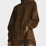 Jacinthe : robe en suédine avec col roulé et franges, vue détaillée