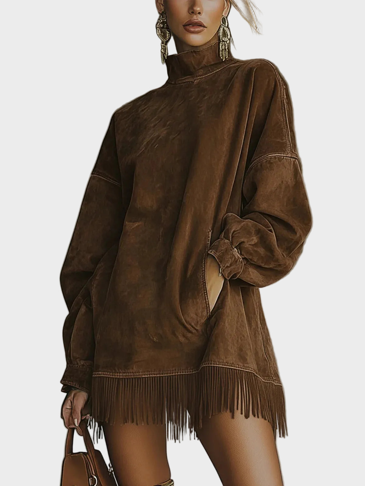 Jacinthe : robe en suédine avec col roulé et franges, vue détaillée