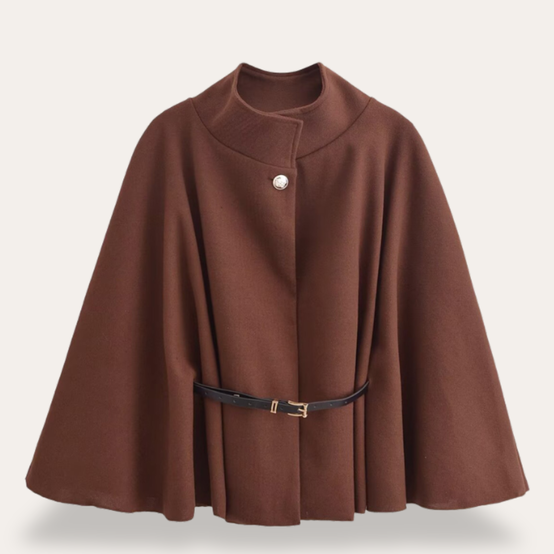 Claire Cape Femme Élégante – Cape en Laine Mélangée avec Col Montant et Ceinture Amovible