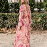 Tiara Robe d'Été Femme – Longue Robe Rose à Imprimé Fleuri, Décolleté en V & Sans Manches