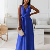 Veronica Robe de Soirée Femme – Longue Robe Élégante avec Décolleté en V, Ceinture à Nœud & Bretelles Spaghetti