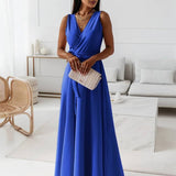 Veronica Robe de Soirée Femme – Longue Robe Élégante avec Décolleté en V, Ceinture à Nœud & Bretelles Spaghetti