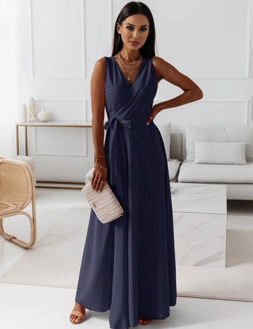 Veronica Robe de Soirée Femme – Longue Robe Élégante avec Décolleté en V, Ceinture à Nœud & Bretelles Spaghetti