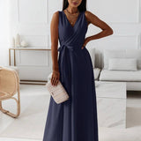 Veronica Robe de Soirée Femme – Longue Robe Élégante avec Décolleté en V, Ceinture à Nœud & Bretelles Spaghetti