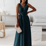 Veronica Robe de Soirée Femme – Longue Robe Élégante avec Décolleté en V, Ceinture à Nœud & Bretelles Spaghetti