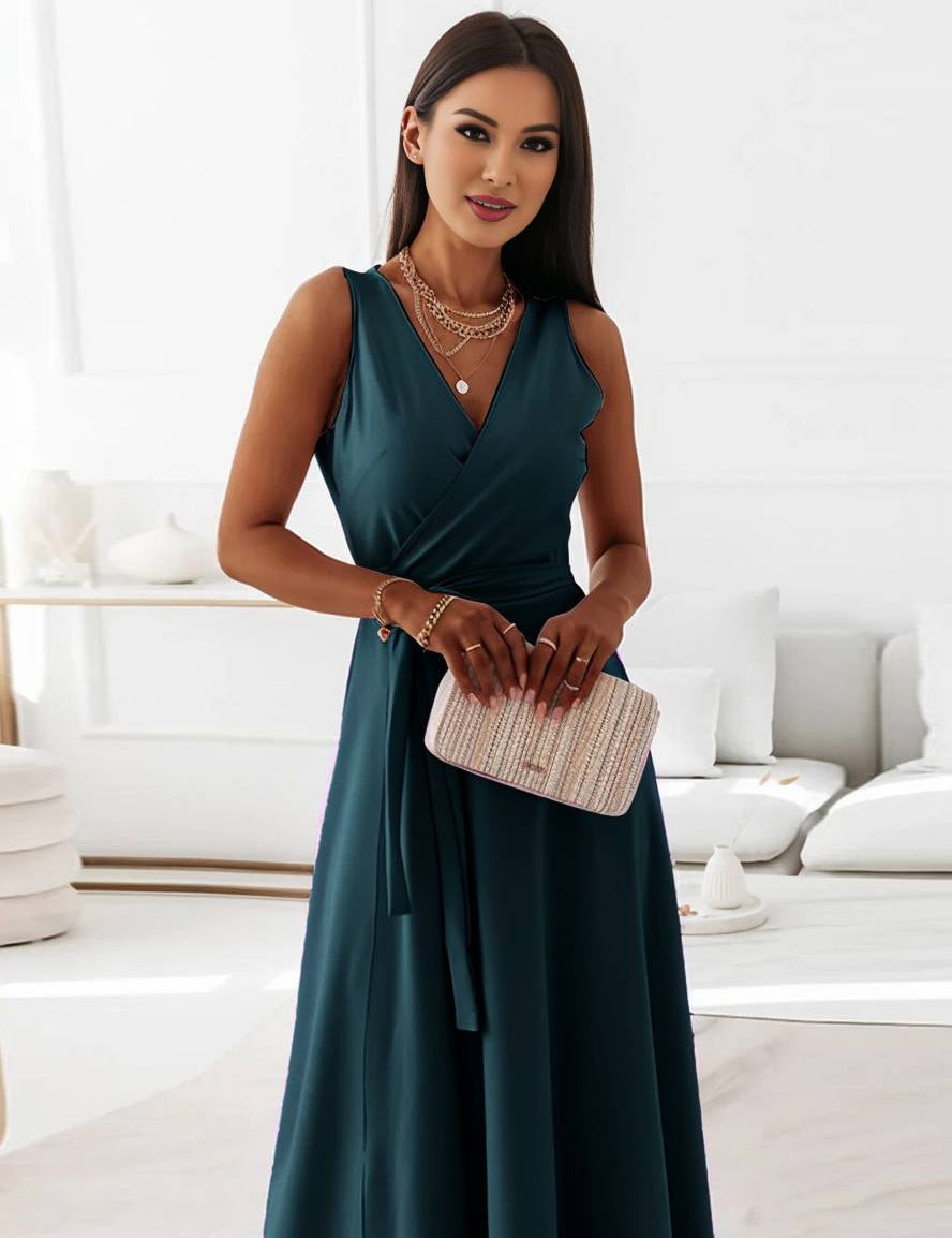 Veronica Robe de Soirée Femme – Longue Robe Élégante avec Décolleté en V, Ceinture à Nœud & Bretelles Spaghetti