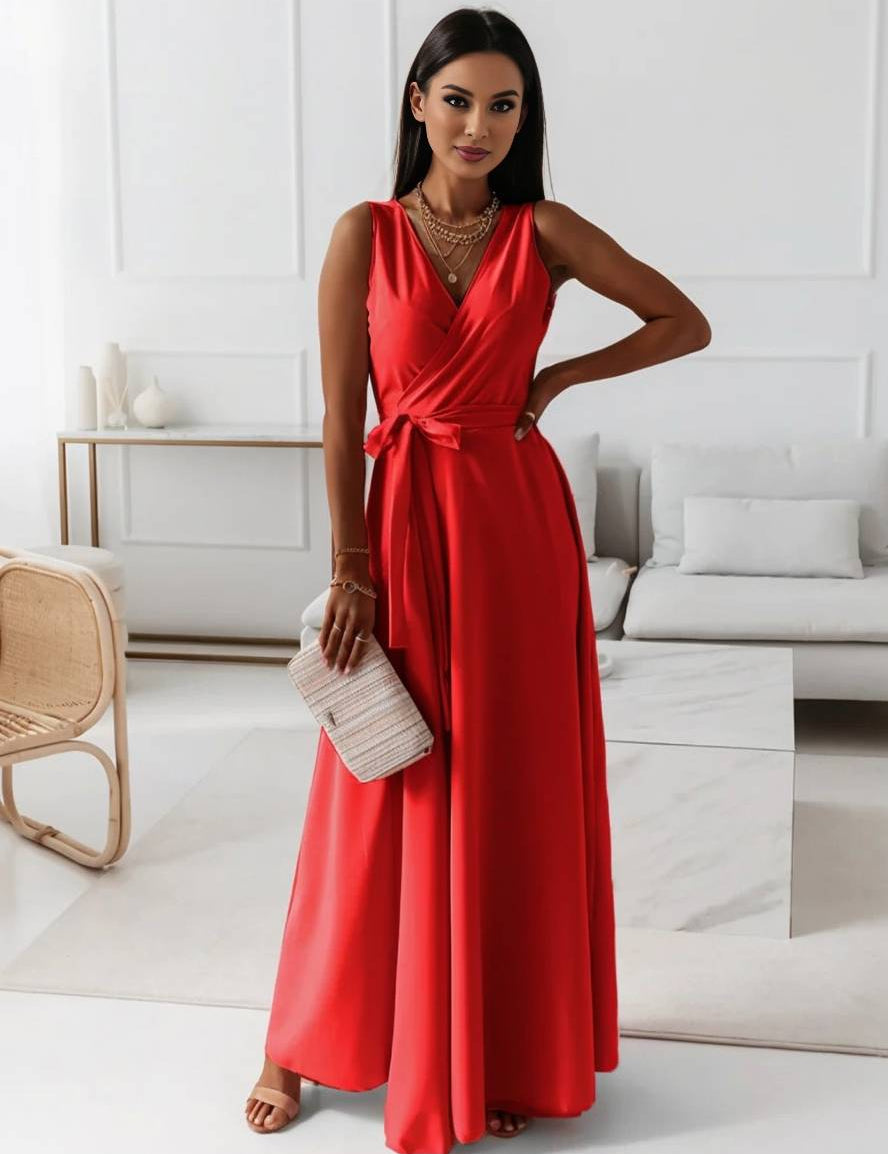 Veronica Robe de Soirée Femme – Longue Robe Élégante avec Décolleté en V, Ceinture à Nœud & Bretelles Spaghetti