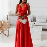 Veronica Robe de Soirée Femme – Longue Robe Élégante avec Décolleté en V, Ceinture à Nœud & Bretelles Spaghetti