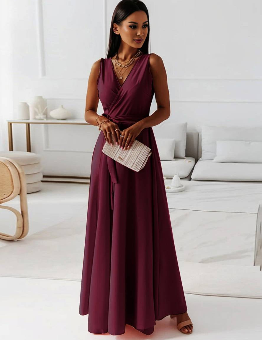 Veronica Robe de Soirée Femme – Longue Robe Élégante avec Décolleté en V, Ceinture à Nœud & Bretelles Spaghetti