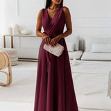 Veronica Robe de Soirée Femme – Longue Robe Élégante avec Décolleté en V, Ceinture à Nœud & Bretelles Spaghetti