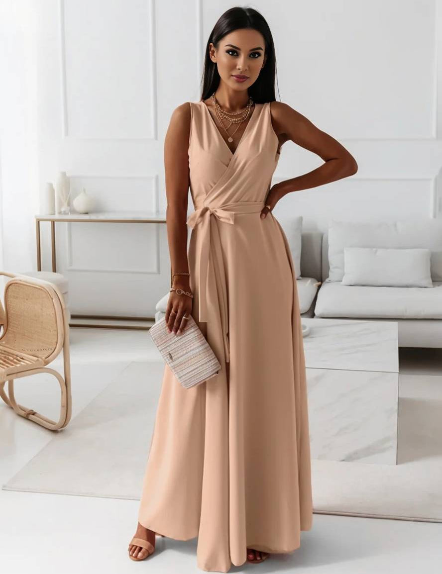 Veronica Robe de Soirée Femme – Longue Robe Élégante avec Décolleté en V, Ceinture à Nœud & Bretelles Spaghetti