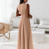 Veronica Robe de Soirée Femme – Longue Robe Élégante avec Décolleté en V, Ceinture à Nœud & Bretelles Spaghetti