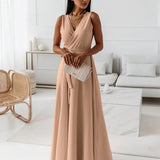 Veronica Robe de Soirée Femme – Longue Robe Élégante avec Décolleté en V, Ceinture à Nœud & Bretelles Spaghetti