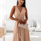 Veronica Robe de Soirée Femme – Longue Robe Élégante avec Décolleté en V, Ceinture à Nœud & Bretelles Spaghetti