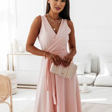 Veronica Robe de Soirée Femme – Longue Robe Élégante avec Décolleté en V, Ceinture à Nœud & Bretelles Spaghetti