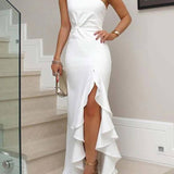 Alice Robe de Soirée Femme – Élégante Longue Robe Sans Manches avec Fente & Détail Asymétrique