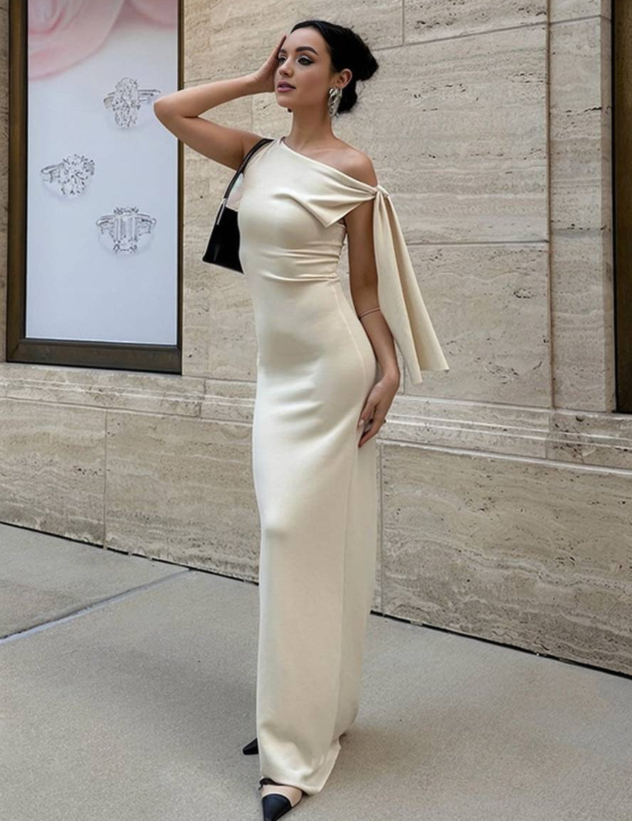 Winona Robe de Soirée Femme – Élégante Robe Longue Unilatérale Sans Manches au Design Uni