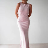 Yvette Robe de Soirée Femme – Longue Robe Sans Manches avec Dos Ouvert & Col Rond pour Gala