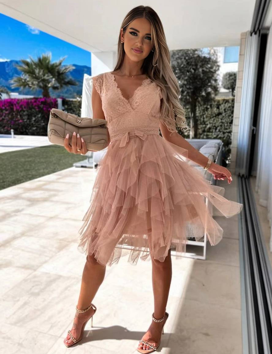 Wendy Robe de Cocktail Femme – Robe Courte Sans Manches en Tulle Style Tutu avec Décolleté en V & Dos Ouvert