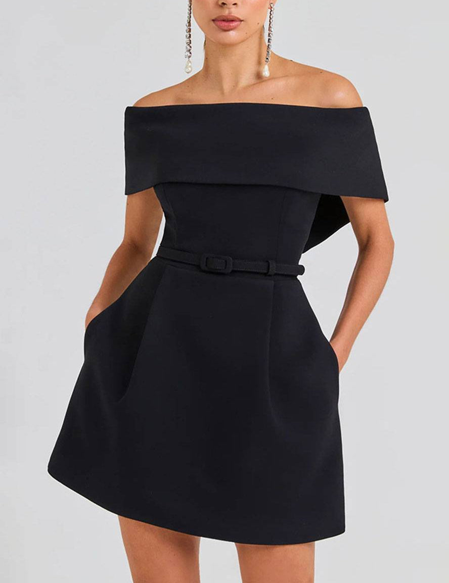 Haziel Robe de Cocktail Femme – Robe Patineuse Sans Manches avec Encolure Bateau, Ceinture & Coupe Élégante