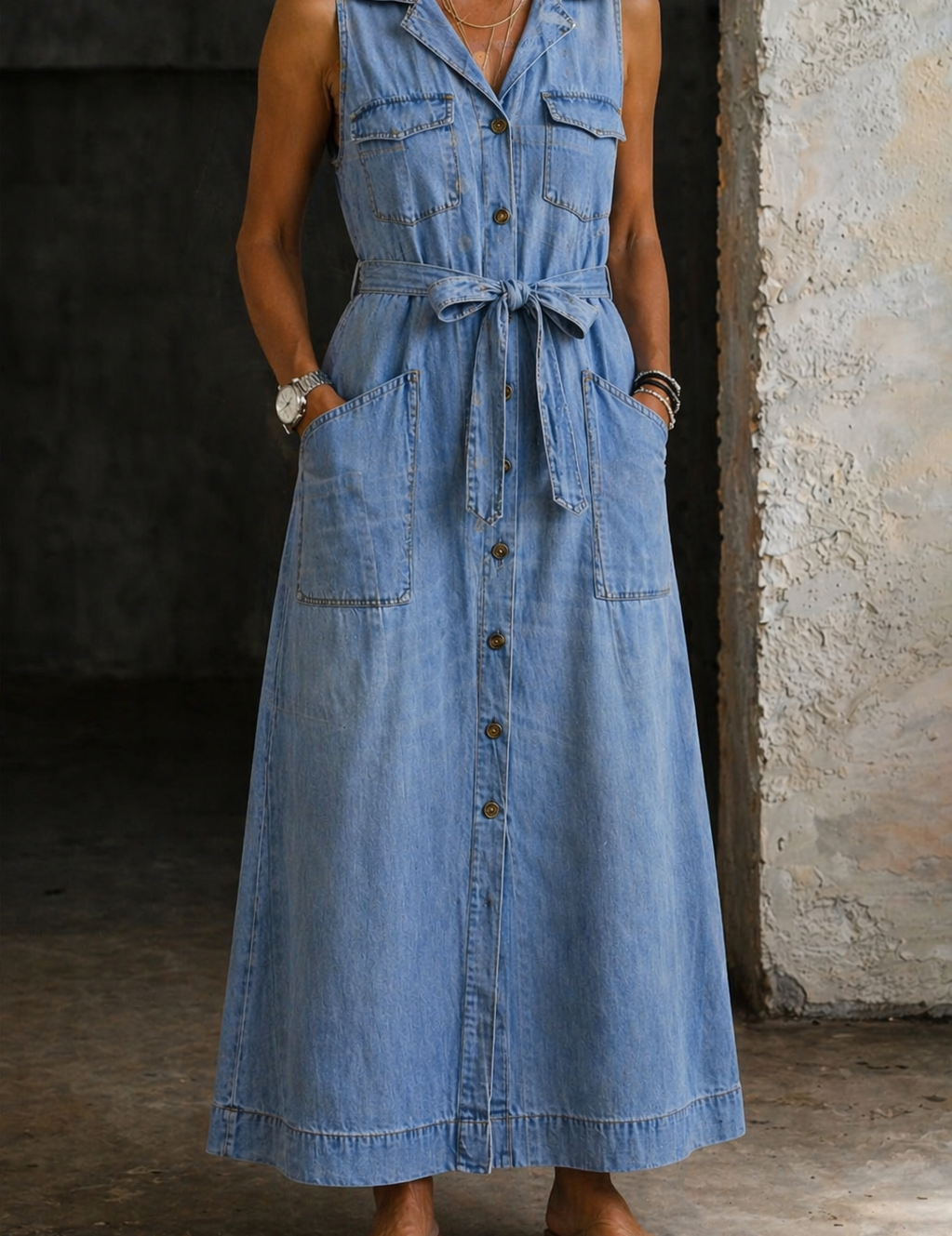 Susana - robe longue en denim sans manches pour femme