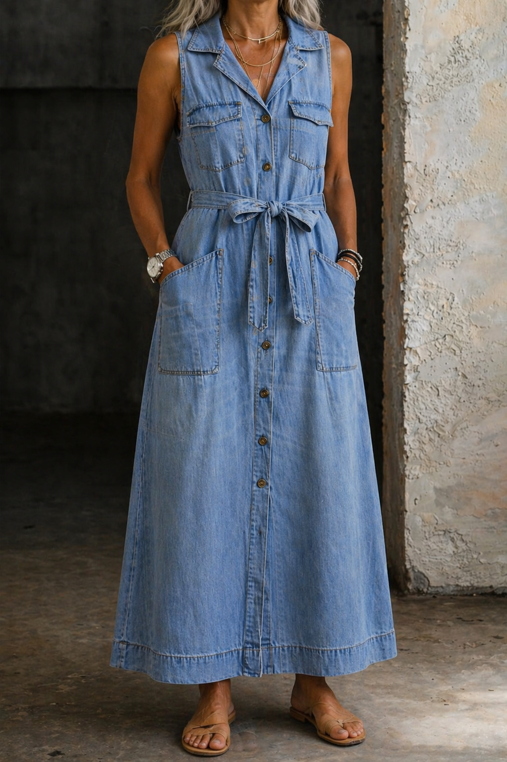 Susana - robe longue en denim sans manches pour femme