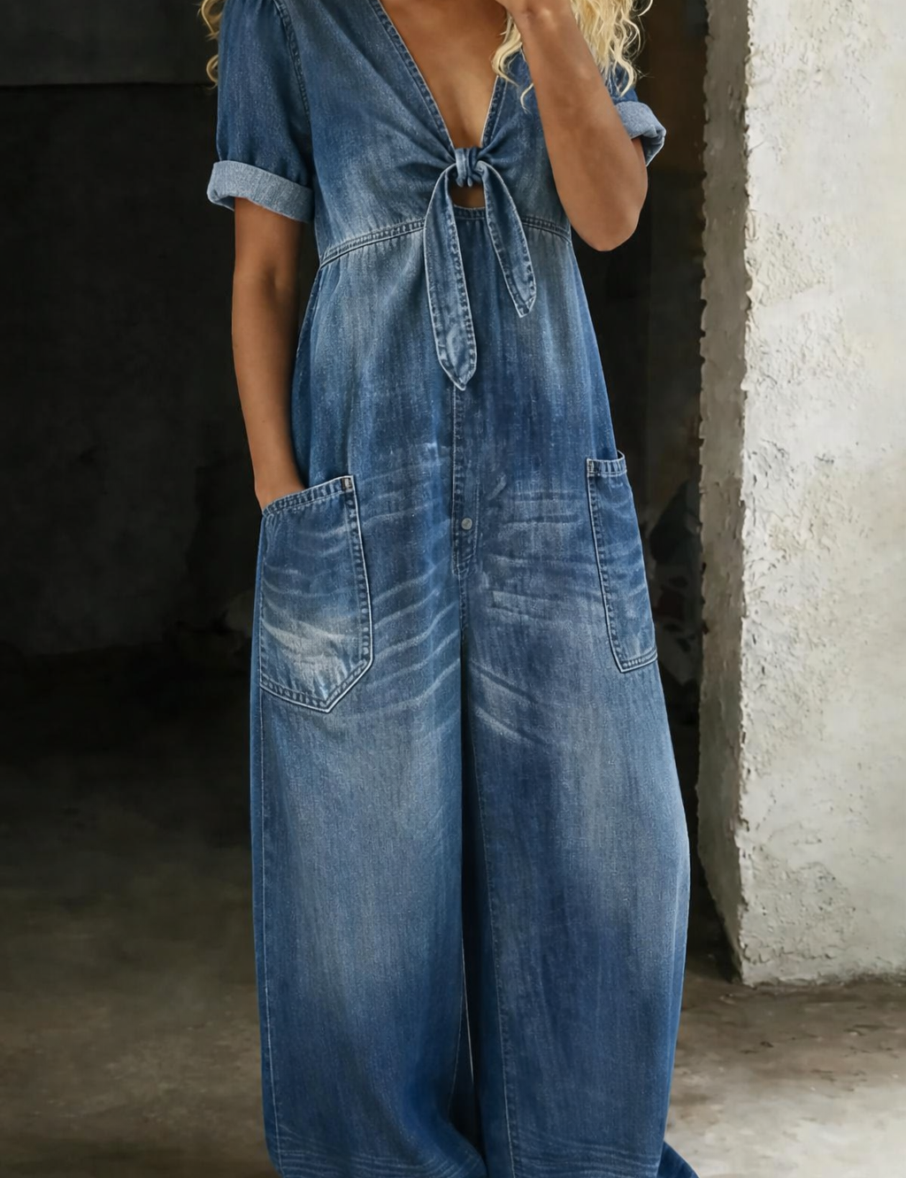 Naya - combinaison courte en denim à décolleté en V pour femme